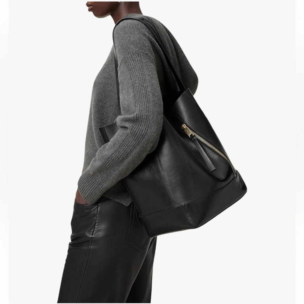 All Saints Black Leather Tote with Gold Zipper - Picture 1 of 12